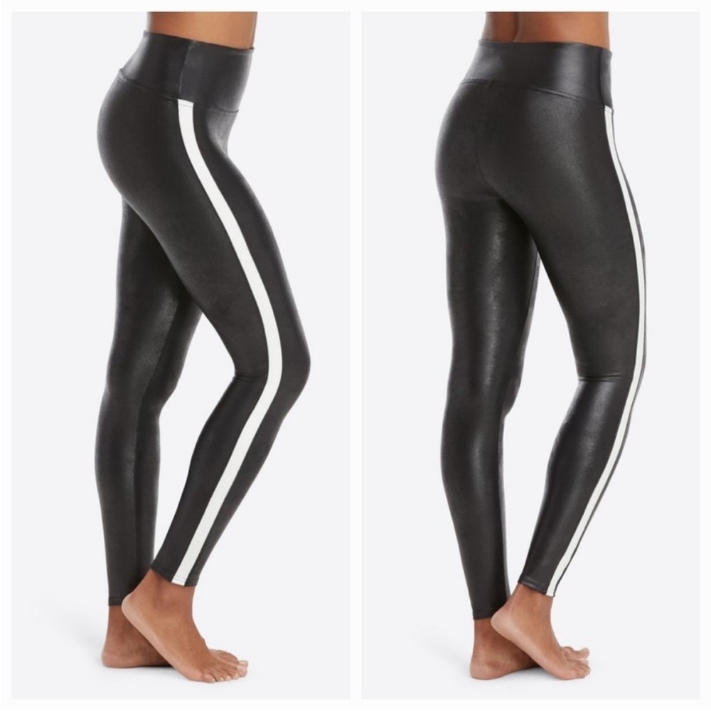 SPANX Black Faux-Leather Leggings with White Side Stripe - Picture 1 of 11
